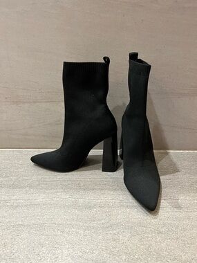 Black Stretch Knit Pointed Toe Sock Boots - Women